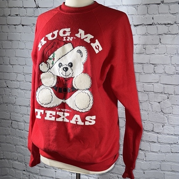 Red Hug Me In Texas 80s Christmas Teddy Bear Vintage Sweatshirt 1987 size XL - Picture 12 of 16